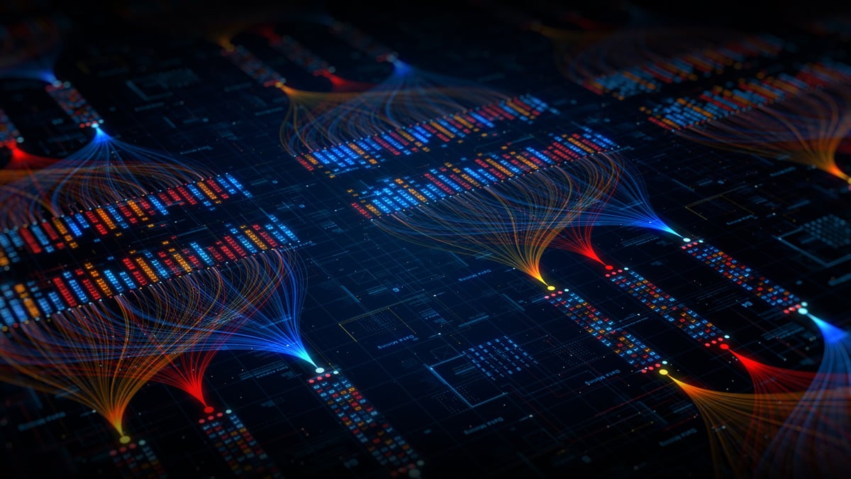 Abstract digital data stream visualization showing network connections and futuristic information processing