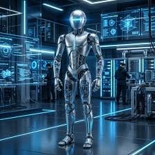 Futuristic humanoid robot standing in a high-tech laboratory with glowing blue holographic displays and digital interfaces