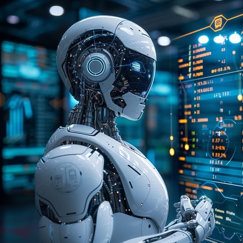 Futuristic humanoid robot with white and black metallic body in a high-tech lab environment with holographic displays