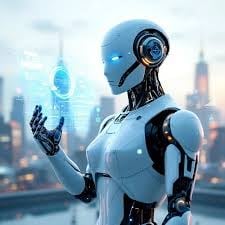 Blue and white humanoid robot with headphones against futuristic city skyline