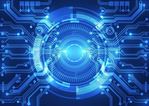 Digital circuit board with glowing blue central sphere