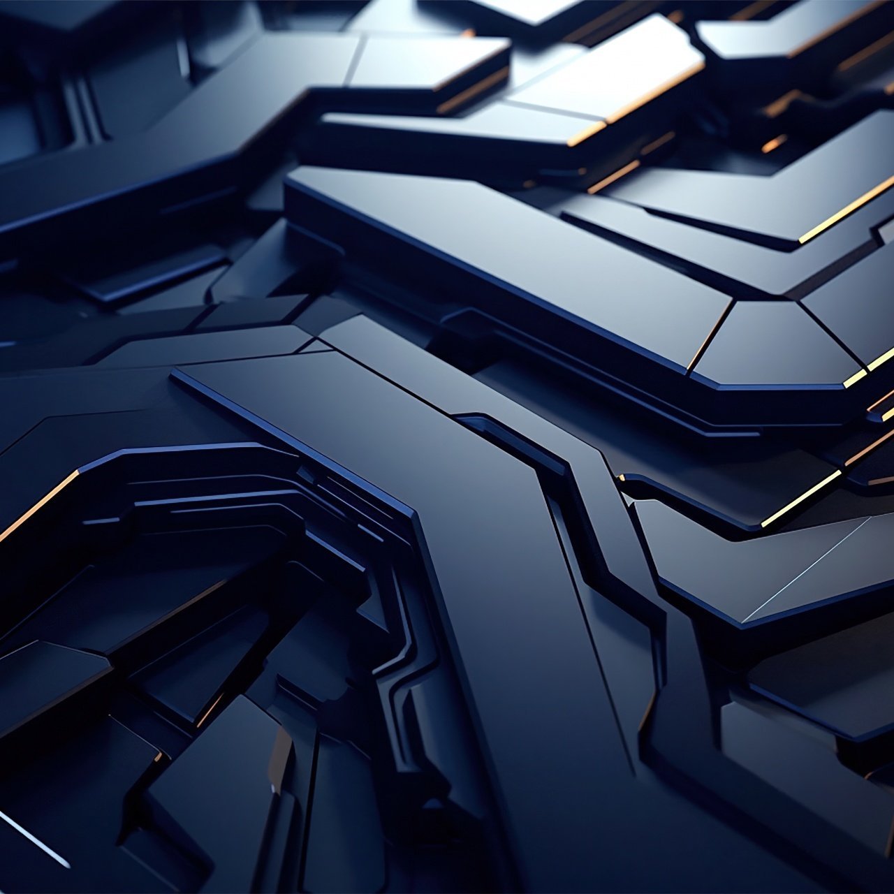 Abstract 3D metallic geometric shapes with blue lighting and angular chrome surfaces